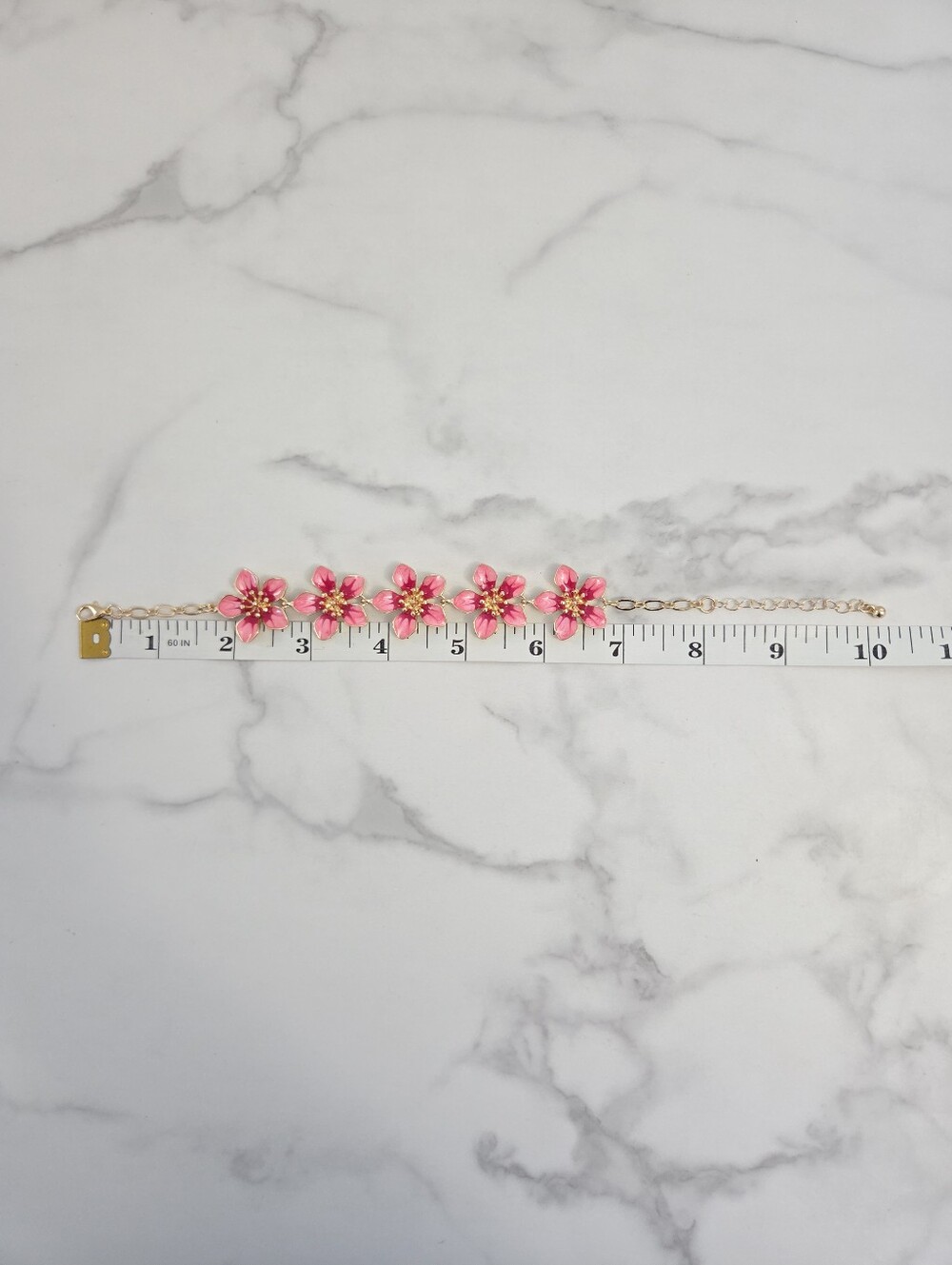 Pink Floral Enamel Gold Tone Anklet Statement Beach Jewelry - Picture 10 of 11